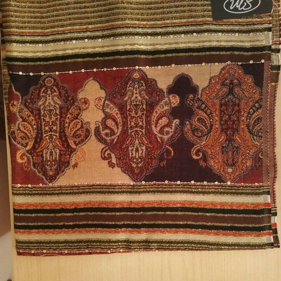 NEW Pashmina Scarf/Wrap in Gold, Cinnamon & Brown, Sequin Trim; Fringed Edges - Picture 3 of 6